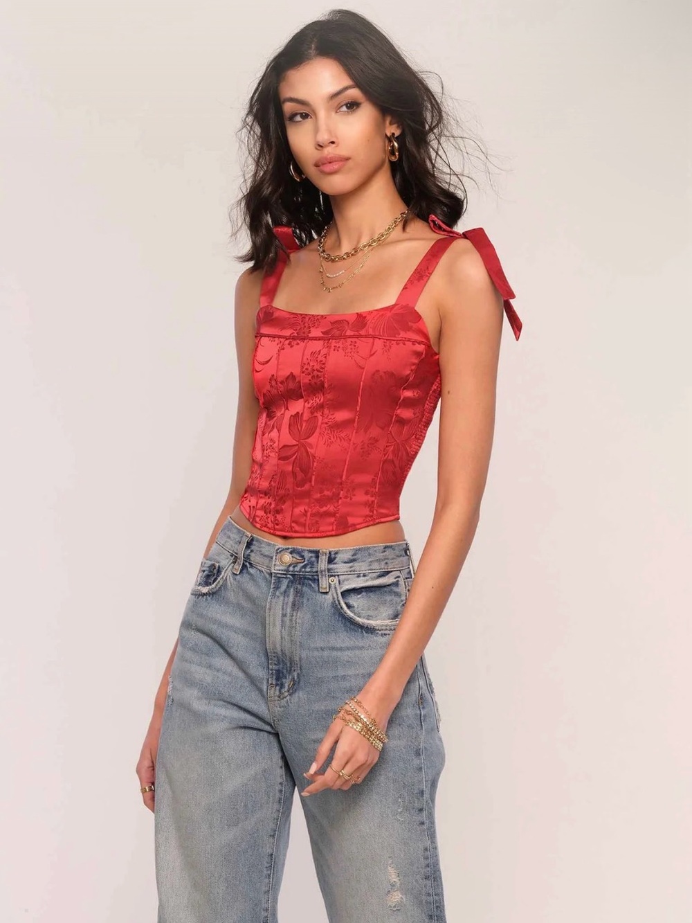 Heartloom Red Floral Satin Tie-Shoulder Corset Cami